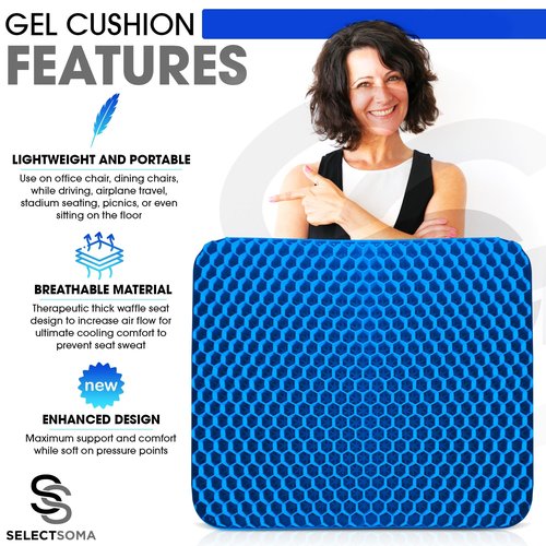 SelectSoma Large Gel Seat Cushion for Desk Chair - Pressure Relief for Back, Sciatica, Coccyx, and Tailbone Pain While Long Sitting – Wheelchair Cushion – Car and Truck Chair Pad