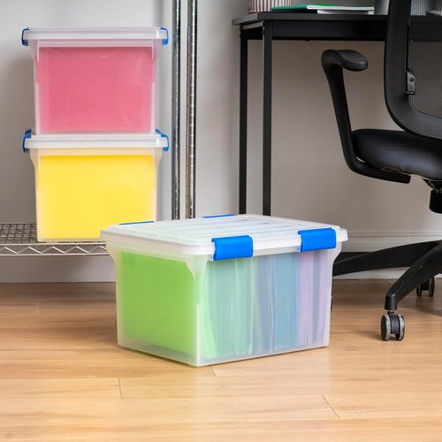 IRIS USA File Box - WeatherPro Document Organizer | Water Resistant, Stackable, Clear/Blue - 32 Qt, 3 Pack