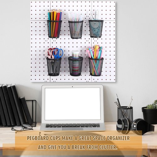 Spakon 6 Sets Pegboard Cups with Ring Hook Pegboard Bin Holder Organizer Multipurpose Pen Cup Metal Pencil Holder Peg Board for Desk Office Garage