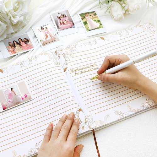 MotiMind Quinceañera Guest Book with Pen 11 x 8 Inch Libro De Firmas Para 15 Años Quinceanera Leather Hardcover Signature Book Guest Sign in for 15th Party Favors Decoration(White,Floral)
