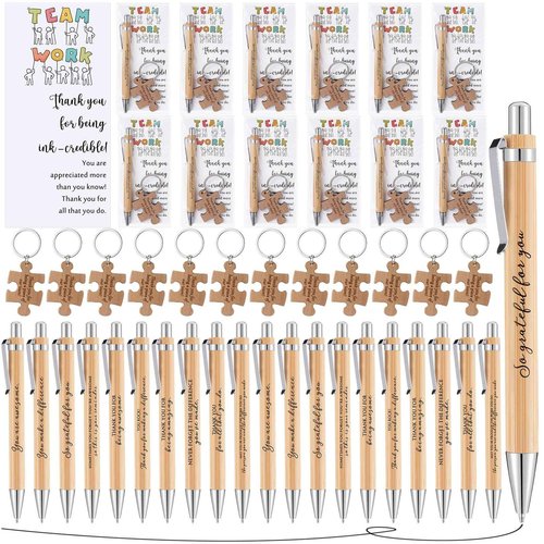 Kosiz 40 Sets Employee Appreciation Gift Bulk 10 styles Inspirational Bamboo Ballpoint Pen with Wooden Puzzle Keychains Thank You Cards team building gifts for Team Coworker Teacher Nurse