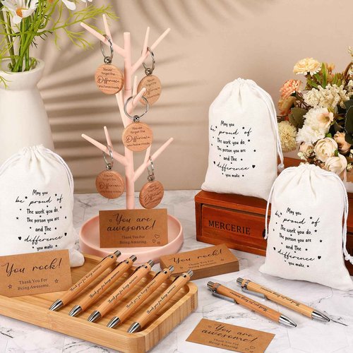 Yeaqee 36 Sets Employee Appreciation Gift Include Motivational Burlap Drawstring Bags Wood Retractable Ballpoint Pens Inspirational Keychain Thank You Kraft Cards for Coworker Office Supplies