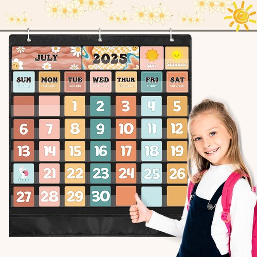 Pasimy Classroom Calendar Pocket Chart Retro Groovy Bulletin Board Set Boho Daisy Seasons Festival Weather Calendar Set for Classroom Decoration Back to School Supplies(Classic)