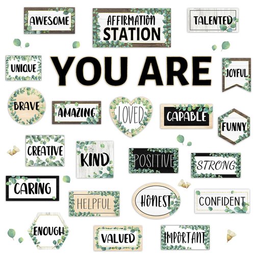 Eucalyptus Affirmation Station Bulletin Board Classroom Decorations Set Boho Greenery Growth Mindset Inspirational Bulletin Board Poster Positive Affirmations Accents Cutout for Teachers Wall Mirror