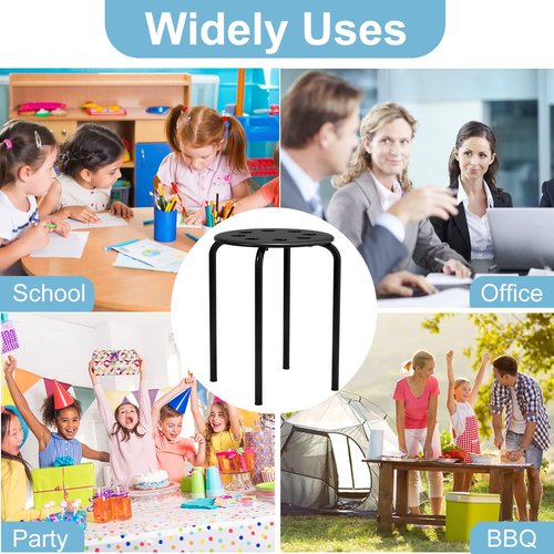12 Pack Black Plastic Stack Stools - Stackable Stools with Metal Frame, Backless, Round Top for Students, Adults, School, Office, Home