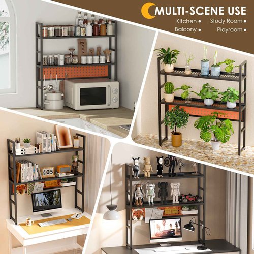Brakki Desk Shelf, 35.43" Desk Hutch Bookshelf, Desktop Shelf with Pegboard for Computer Monitor, Metal Desktop Hutch Storage Organizer for Dorm Home Office, 2 Tier Bookcase, Black