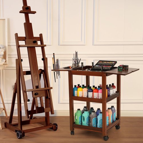 VISWIN Art Cart Organizer, Solid Pine Wood Art Supply Storage Organizer with Caster Wheels, 3-Tier Multifunctional Rolling Utility Storage Cart for Studio, Classroom, Artists - Walnut