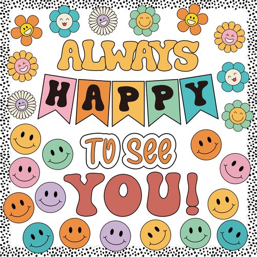 VABAMNA 63 Pcs Groovy Bulletin Board Decorations Set Retro Smiley Face Classroom Decor with Black Dots Border Trims for Back to School Classroom Wall Door Decor