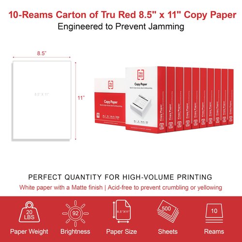 Staples TRU RED 8.5x11 Copy Paper 20 lb. 92-Bright 5000 Sheets/Carton
