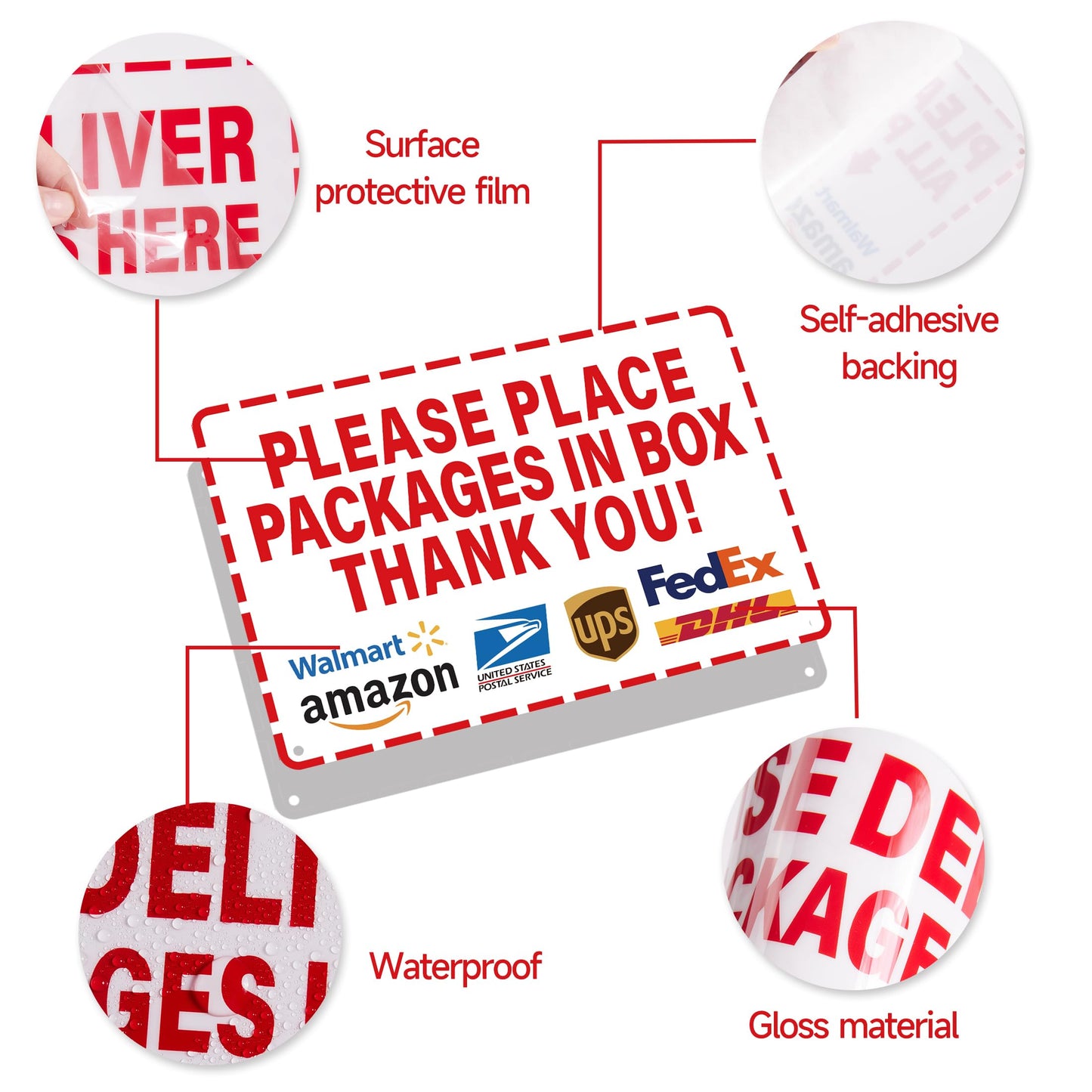 Please Leave Packages and Deliveries Here Sign，Self-Adhesive Weatherproof and Anti-fading Deliver All Packages to Front Door Sign, Please Place Packages in Box for Home, Office, Shop, Box, Door