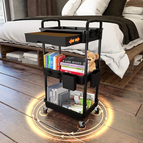 Rebecat 3-Tier Rolling Utility Cart - Multifunctional Storage Organizer for Kitchen, Bathroom & Office | Black