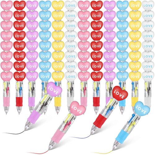 Gilprop 100 Pcs Multicolor Valentine Ballpoint Pen Bulk 4 in 1 Retractable Valentine Ballpoint Writing Pens Colored Mini Heart Gifts for Home Love Theme Party Supplies Favors Exchange Gifts