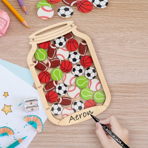 Personalized Magnetic Reward Jar for Kids, Star Jar Reward System for Classroom Board, Fridge Magnet, Wooden Classroom Incentive Jar for Teacher, Home Chore Chart Positive Behavior Training (Sport)