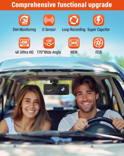 3 Channel Dash Cam,4K+1080P Dash Cam Front and Rear Inside, Dash Camera for Cars, Triple Car Camera with 32GB Card,Built-in G-Sensor, 2’’ IPS Display Car Camera,Loop Recording,24Hr Parking