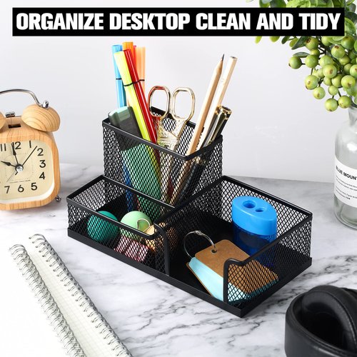 4 Pcs Mesh Desk Organizer 3 Compartments Mesh Pen Holder Sticky Notes Pencil Holder Black Metal Caddy Desk Pen Organizer for Desktop Accessories Storage Baskets Home Office and School Supplies