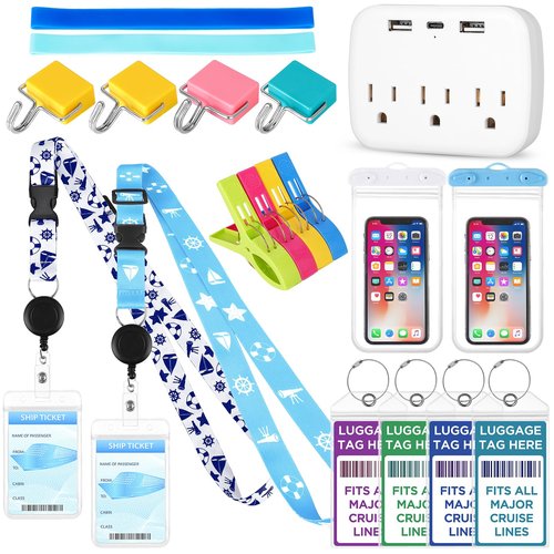 FACULX Cruise Ship Essentials 2025, Cruise Must Haves Kits Including Non-Surge Power Strip, Lanyards for Cruise Ship Cards, Luggage Tags, Magnetic Hooks, Towel Bands and Clips for All Cruise Lines