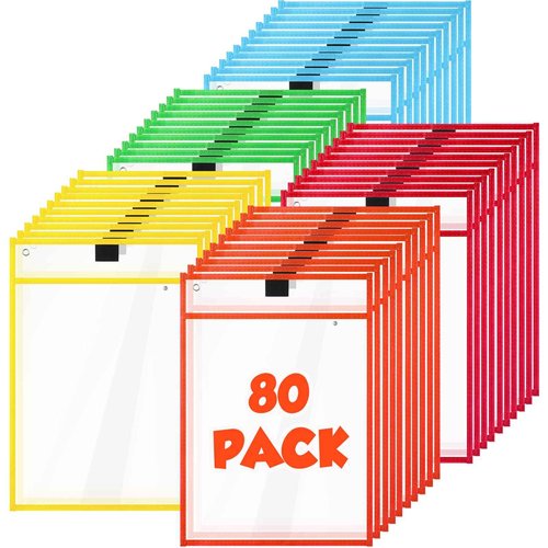80 Packs Oversized Dry Erase Pockets Sleeves Reusable 10x14 Plastic Ticket Holders 5 Assorted Colors Clear Pocket Sleeves for Back to School Classroom Office Home Student Teacher Supplies