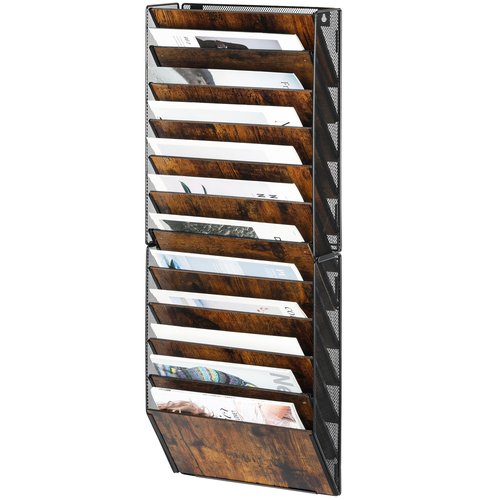 Solinxe 12-Pocket Wall File Organizer, Wood Mail Organizer Wall Mounted Paper Document Magazine Holder, Hanging Clipboard Storage Basket for Office Home School Organization, Black/Antique