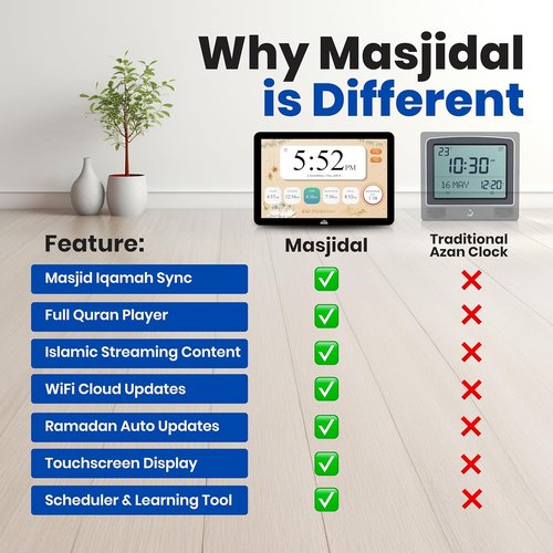 Masjidal 8" Smart WiFi Digital Azan Clock - Automatic Prayer Times & Full Quran Player | Touchscreen Muslim Home Display, Black