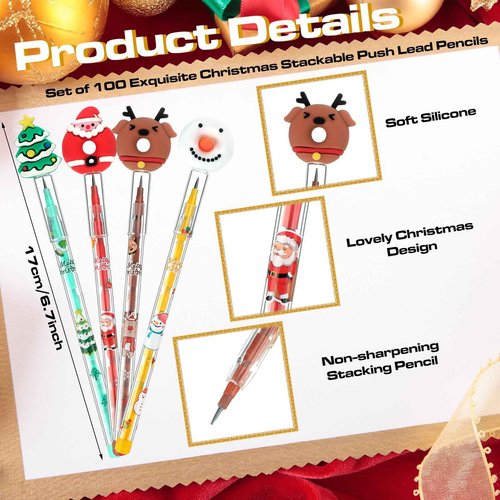 Qilery 100 Pcs Christmas Pencils Multi Point Stackable Push Pencils Christmas Plastic with Silicone Santa Xmas Tree Deer and Snowman for School Reward Party Favor Children New Year Supply