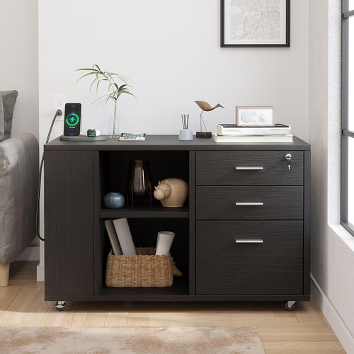 YITAHOME File Cabinet with Charging Station, Mobile Lateral Filing Cabinet with Lock for Home Office, Printer Stand with Open Storage Shelf, Fits A4, Letter, Legal Size Files, Office Furniture, Black