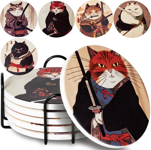 Ninja Cat Coasters - Anime Cat Decor Set of 6 - Perfect Gifts for Cat Lovers with Holder