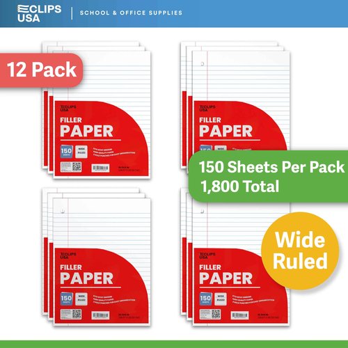 Notebook Paper Loose Leaf Wide Ruled Notebook 10.5” x 8” Filler Paper 56 gsm 1800 Sheets 150 Per Pack (12 Pack)