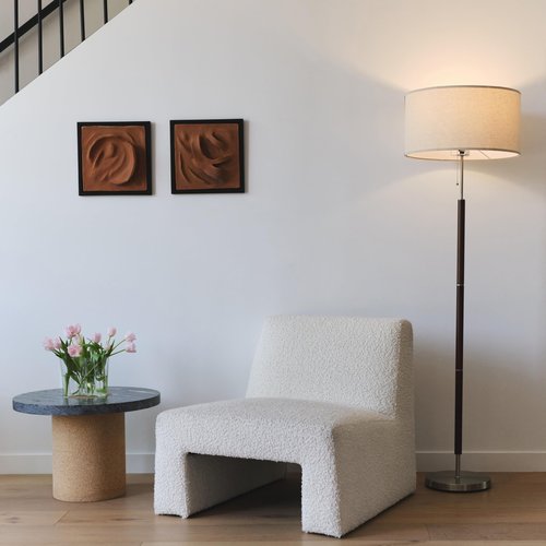 Brightech Carter LED Floor Lamp, Drum Shade with Walnut Wood Finish, Great Living Room Décor, Mid-Century Light for Living Rooms & Offices, Mid Century Modern Lamp for Bedroom