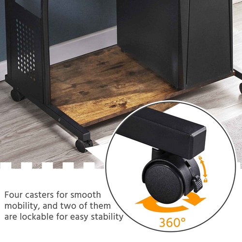 Yaheetech 3 Tiers Rolling Computer Desk on Wheels with Charging Station and Keyboard Tray, Mobile Home Office Desk PC Laptop Workstation with Power Outlet and USB Ports for Home Studying, Rustic Brown
