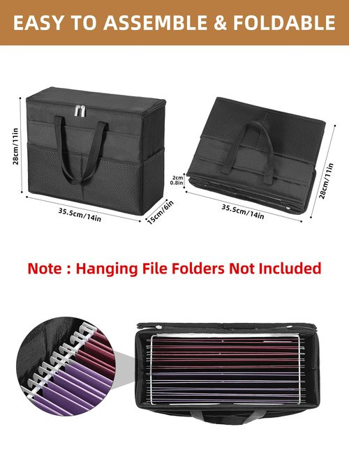 Qozary 2 Pack File Folder Organizer Box-Hanging File Tote Bag With Lids, Collapsible Portable Filing Organizer Box With Handle, Document Storage Bag For Office,Home,Travel, School