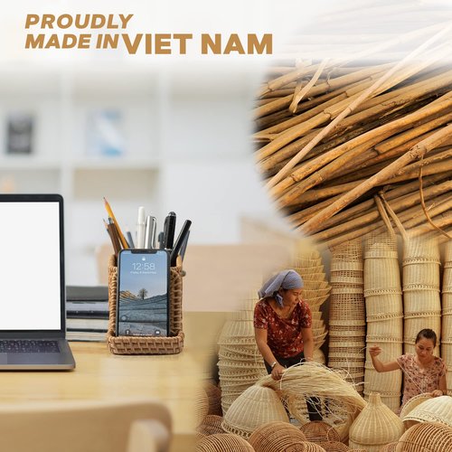 GAIAMADE Pen Holder with Phone Stand and Paper Clip Holder Bundle, Wicker Pencil Holder and Paper Clip Cup, Pencil Holder with Cell Phone Stand for Office Desk Organization and Home Decoration