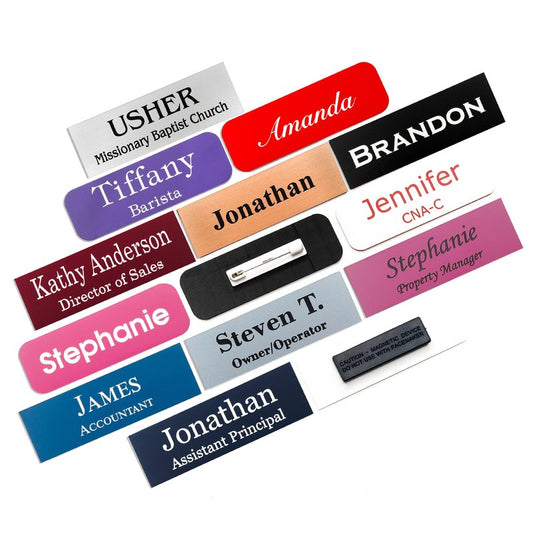 Custom Engraved Name Badges with Pin or Magnet Backing, 1" x 3" - Personalized Acrylic Name Tag with 15 Font Options and 21 Color Options - 1 Tag