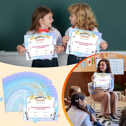 First Haircut Certificate, Comb Scissors First Haircut Keepsake Award Gifts for Kids Baby, 1st Hair Cut Souvenir Milestone Marker Supplies, 25 Pack Achievement Certificates of Recognition, 30
