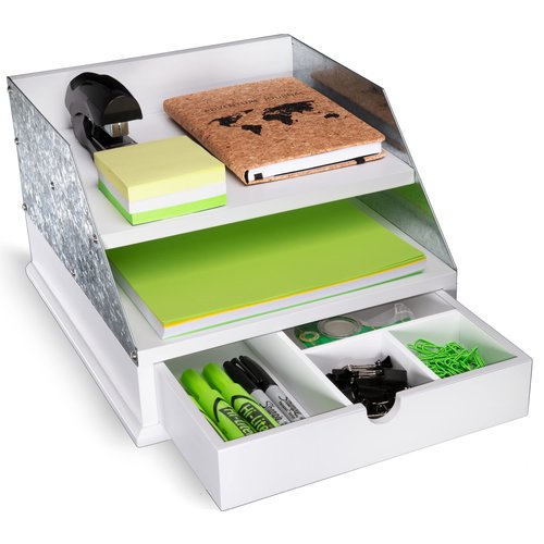 MissionMax White Country Steel Farmhouse Rustic Desktop Organizer with Two Shelves for Paper, Mail, Files, Magazines and a Drawer for Supply Storage