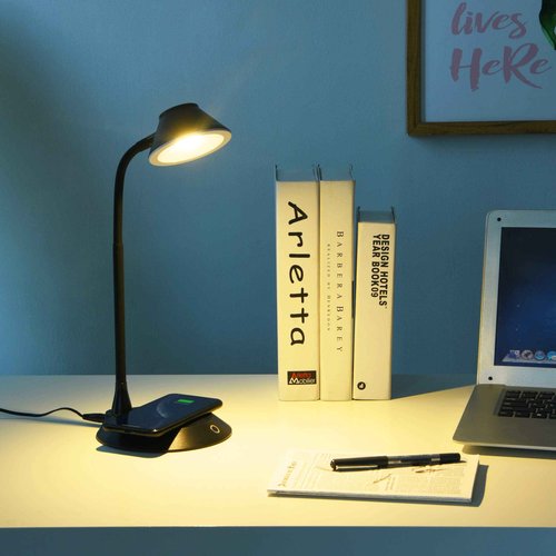 DAC Desk Lamp Wireless Charger – for iPhone 11, X, 8, Galaxy S20, S10, S9, S8, S7 and All Qi-Enabled Devices - 3 Brightness Levels - Flexible Gooseneck LED Lamp - Desk Light for Office – Black