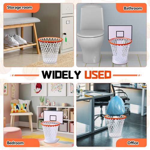 Burbell 2 Sets Basketball Trash Can Suit Gifts,White Wood Basketball Hoop Suit, 2 Pcs 4.5 Gallon Net Wastebasket Garbage Can 2 Hoop for Home Bedroom Office Gym Kitchen Sport Outdoor Living Room