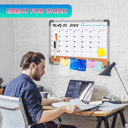 Monthly Calendar Whiteboard Dry Erase Cork Board Combination for Wall, 24"x18" Magnetic Dry Erase Board, Double-Sided White Board, Portable Board for Office, Kitchen, Planning, Memo, School, Home