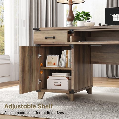 59" Farmhouse Executive Desk with Keyboard Tray,Wooden Computer Desk with Scratch-Resistant Wear-Resistant for Office, 5 Drawers,Home Office Workstation with wFile Cabinet Storage