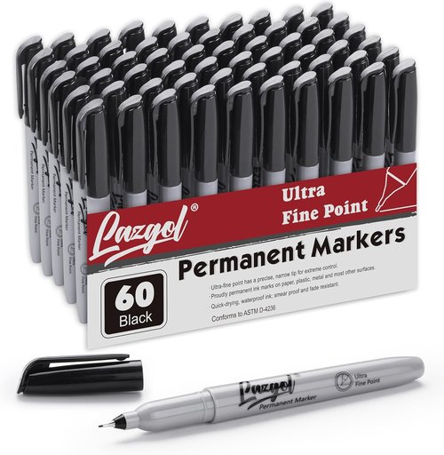 LAZGOL Permanent Markers - Ultra Fine Point 0.4 mm | 60 Pack Black Felt Tip Pens for Versatile Marking