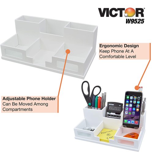 Victor W9525 Pure White Desk Organizer with Smart Phone Holder™