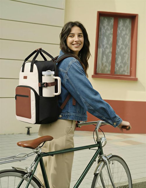 LOVEVOOK Laptop Backpack - Stylish Waterproof Work Bag with Large Cup Holder | Beige-Brown, 15.6 Inch