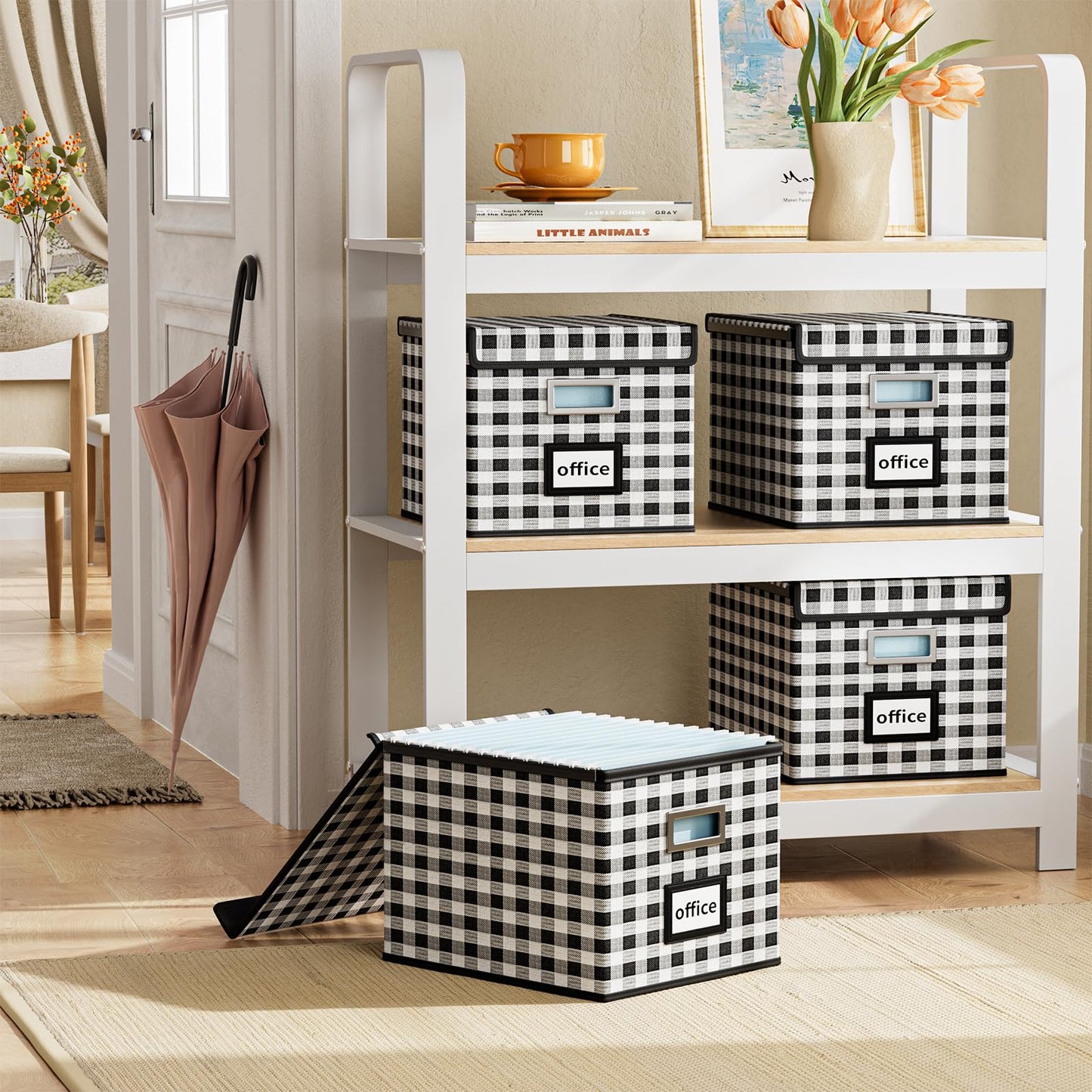 Huolewa File Organizer Box with Lid, Collapsible File Folder Organizer for Office Document Storage, Filing Box with Plastic Slide for Letter Size Hanging File Folders(1 Pack, Black & White Lattice)