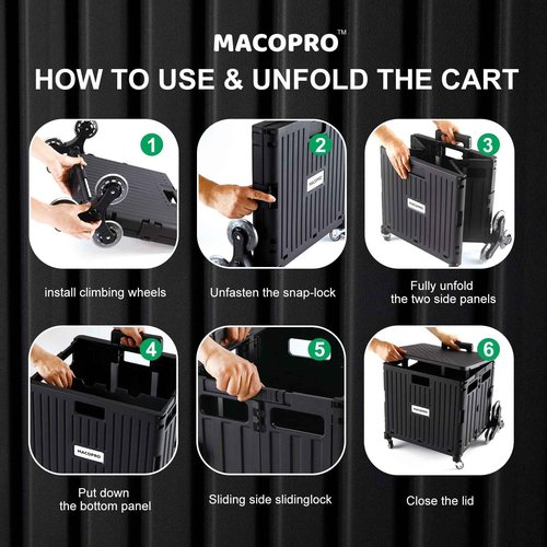MACOPRO Foldable Utility Cart with Stair Climbing Wheels, Collapsible Rolling Crate with Telescoping Handle, Folding Shopping Trolley Handcart Grocery Book File Tool Teacher Storage Basket (Black)