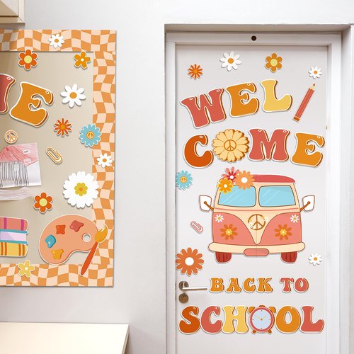 Aneco Retro Boho Welcome Back to School Bulletin Board Decorations Groovy Classroom Decoration Cutouts Motivational Pencil Bus Schoolbag Paper Cutouts for Kindergarten Preschool Wall Door Decor