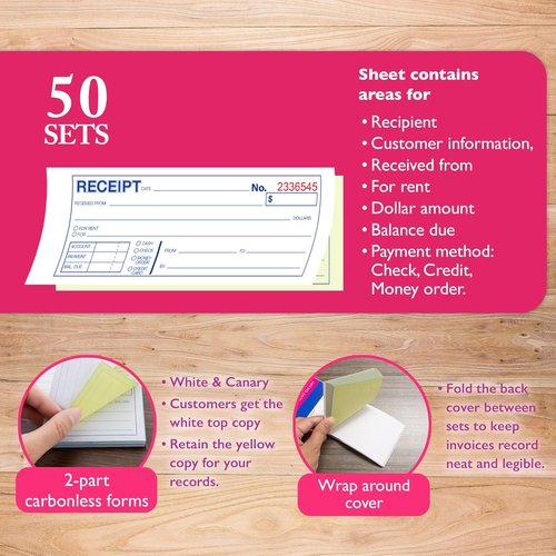 BAZIC PRODUCTS Receipts Book - 2-Part Carbonless Money Cash Rent Receipts for Landlords | 50 Sets, 7.5" x 2.75", White