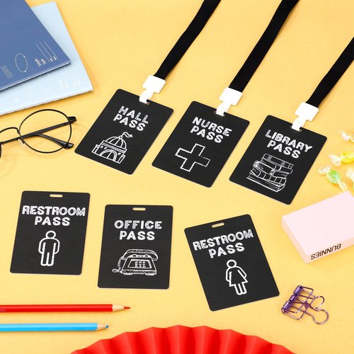 6 Sets Hall Pass Lanyards PVC School Passes for Teachers Unbreakable School Classroom Passes Set Chalkboard Style Hall Passes for Hall Restroom Library Nurse Office Classroom School Teachers Supplies