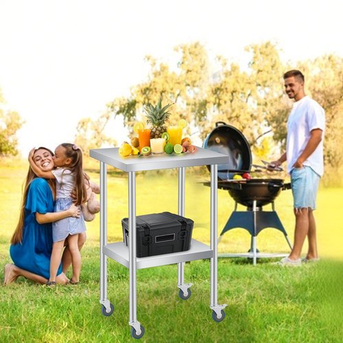 PeakPursuit Stainless Steel Table with Wheels-14x24x35Inch Metal Work Table with Lockable Wheels, 2 Tiers Stainless Prep Table with Adjustable Shelves for Kitchen, Office, Commercial and Gar