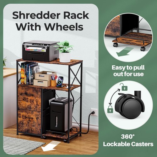 Vestibk Printer Stand for Home Office, 31.5 x15.7 x 40 Inches Large Mobile Printer Table with Adjustable Storage Shelf, 2 Drawer File Cabinets Rolling Cart with Wheels for Host Computer - Rustic Brown