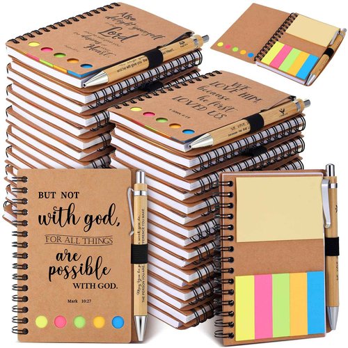 60 Pcs Christian Gifts Bulk Spiral Notebooks with Sticky Notes Inspirational Bible Verse Prayer Journals Religious Notepad Bamboo Ballpoint Pens for Women Teacher Church Party Office