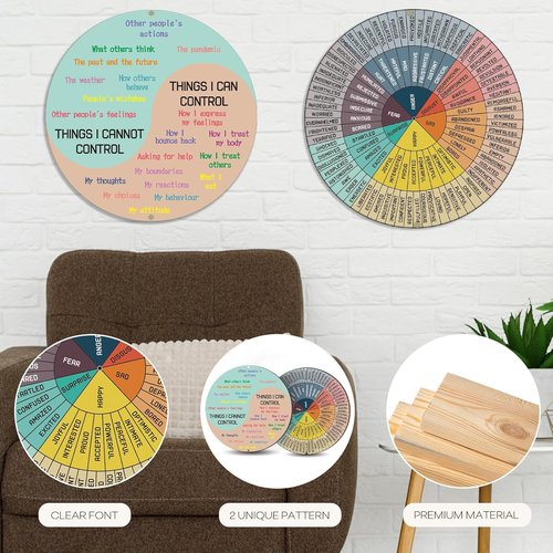 Giftacity Feelings Wheel Chart - 2 Pcs Wooden Emotion Chart for Therapy Office Decor | 10 Inch Calm Feelings Wheel